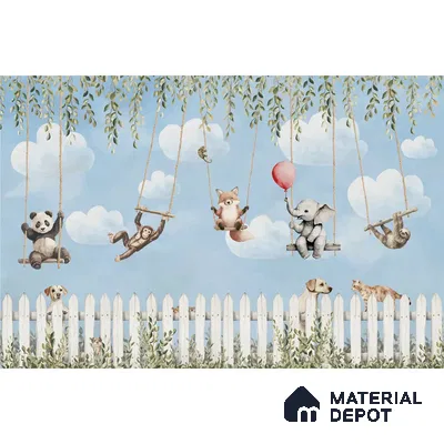 Animals Kids Room Wallpaper- Giggle Garden in Blue Color Soft Feel (Customized Size Wallpaper)