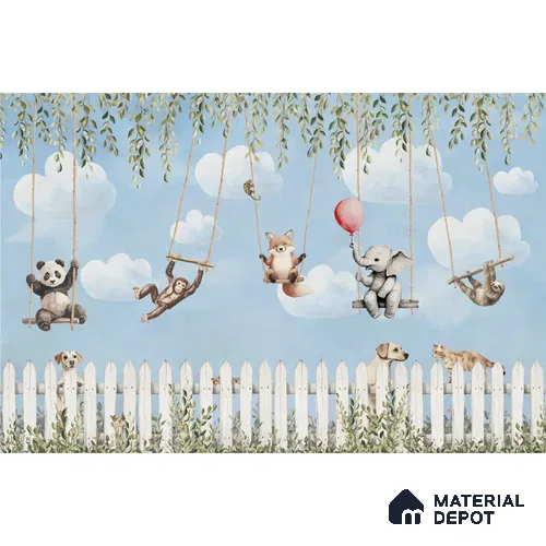 Animals Kids Room Wallpaper- Giggle Garden in Blue Color Handmade (Customized Size Wallpaper)
