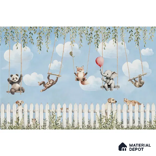 Animals Kids Room Wallpaper- Giggle Garden in Blue Color Soft Feel (Customized Size Wallpaper)