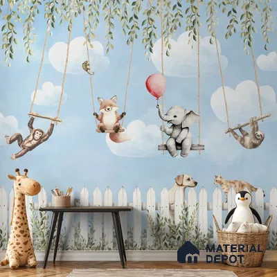 Animals Kids Room Wallpaper- Giggle Garden in Blue Color Soft Feel (Customized Size Wallpaper)