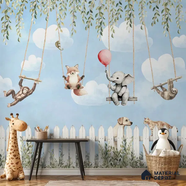 Animals Kids Room Wallpaper- Giggle Garden in Blue Color Soft Feel (Customized Size Wallpaper)