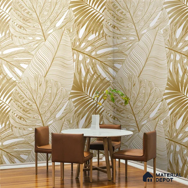 Gilded Greenery Tropical Leafy Splendor Wallpaper for Rooms Indrani Series Canvas Tropical Design (Customised Size Wallpaper )