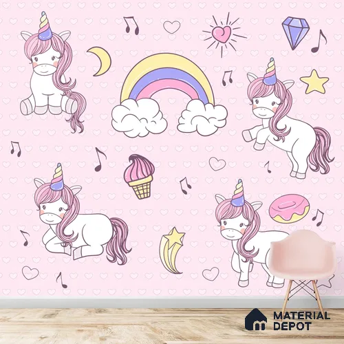 A close-up of aGirl Room Unicorn Customised Wallpaper Sparkla N Shine Series Entertainment Design (Customised Size Wallpaper) with a finish available at Material Depot in Bangalore