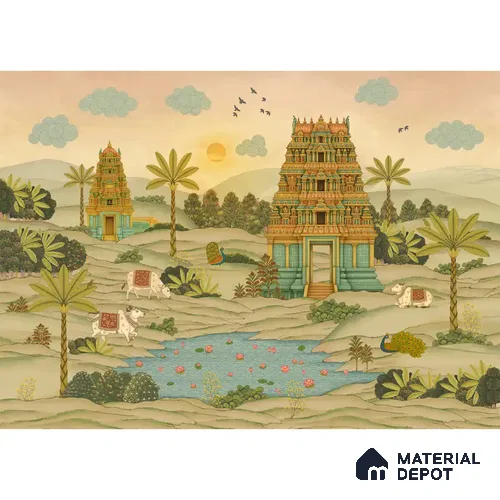 Gopuram Vatika Canvas Wallpaper in South Indian Style, Customised