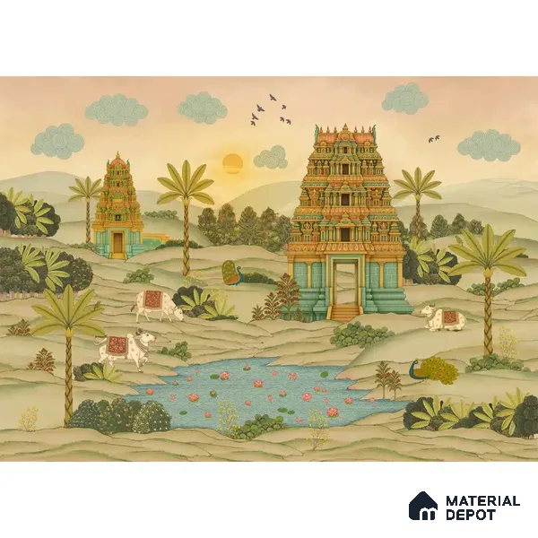 Gopuram Vatika Canvas Wallpaper in South Indian Style, Customised