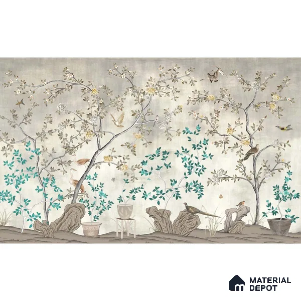 Grandeur in Silver Chinoiserie Silk Metallic Wallpaper for Wall, Customised