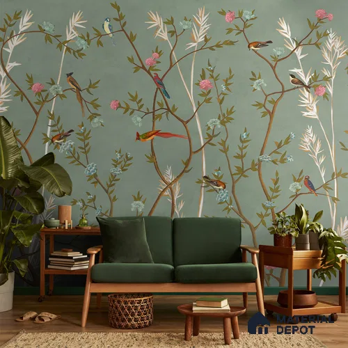 700221 - Green Chinoiserie Wallpaper with Flowers and Birds, Customised Indrani Series Soft Feel Florals Design (Customised Size Wallpaper )