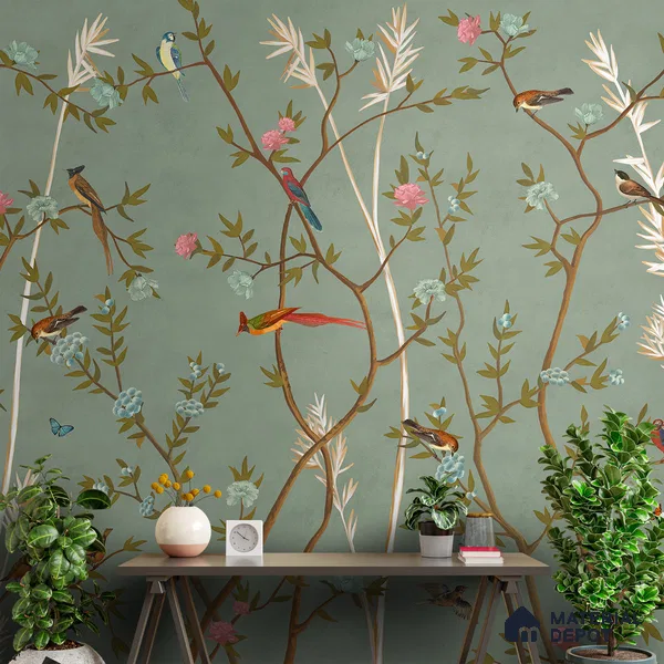 700222 - Green Chinoiserie Wallpaper with Flowers and Birds, Customised Indrani Series Canvas Florals Design (Customised Size Wallpaper )