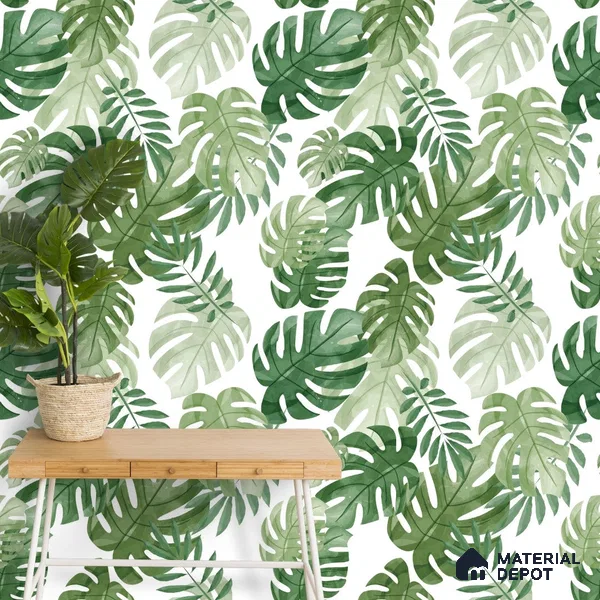 Hand Painted Look Tropical Leaves Wallpaper for Rooms Indrani Series Soft Feel Tropical Design (Customised Size Wallpaper )