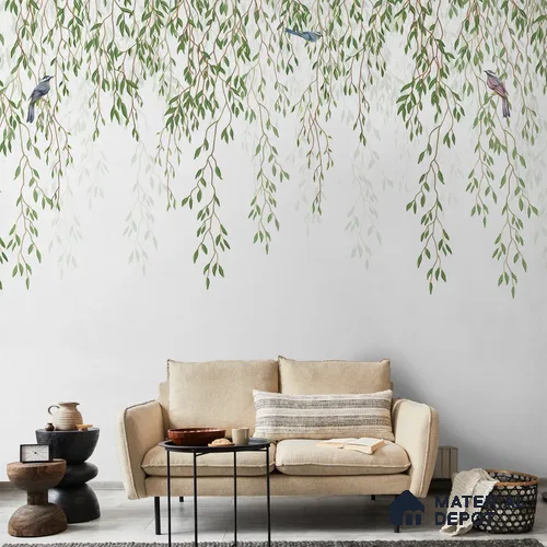 Hanging Botanical Creeper with Birds, Customised Wallpaper Indrani Series Handmade Florals Design (Customised Size Wallpaper )