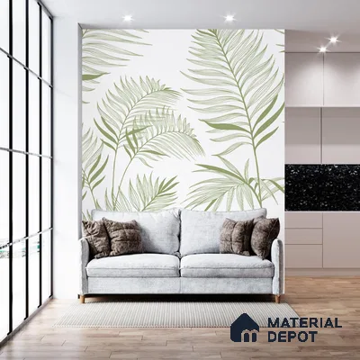 Harmony, Subtle Green Leaves in White Wallpaper Design Indrani Series Canvas Florals Design (Customised Size Wallpaper )