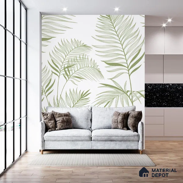 Harmony, Subtle Green Leaves in White Wallpaper Design Indrani Series Canvas Florals Design (Customised Size Wallpaper )