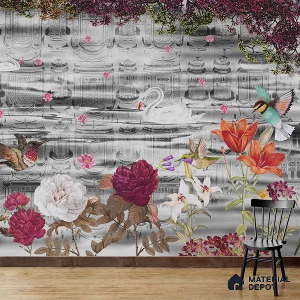 Hawa Mahal Jaipur Inspired India Wall Mural Indrani Series Soft Feel Florals Design (Customised Size Wallpaper )