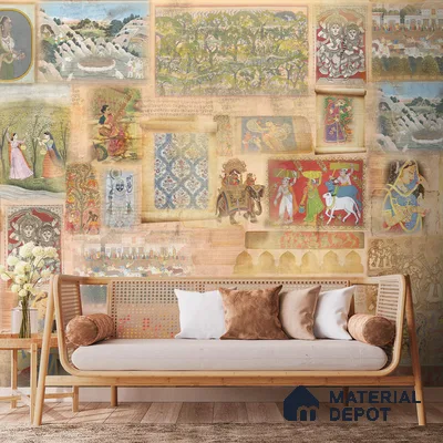 Hindustan, Indian Folk Art Inspired Montage Wallpaper, Customised Sukoon Series Canvas Patterned Design (Customised Size Wallpaper)