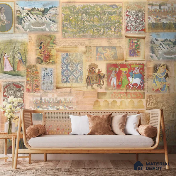 Hindustan, Indian Folk Art Inspired Montage Wallpaper, Customised Sukoon Series Canvas Patterned Design (Customised Size Wallpaper)