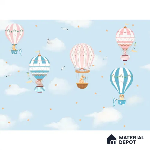 Hot Air Balloons with Animals Handmade Wallpaper in Blue Color for Kids Room Walls