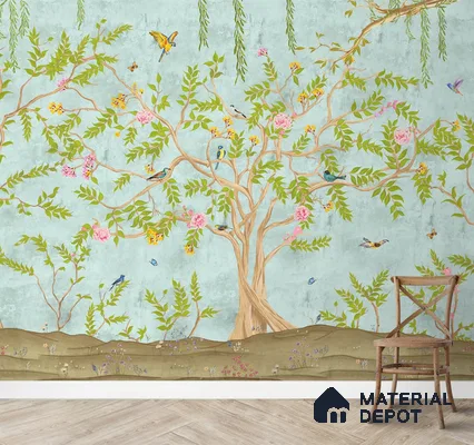 Jannat: Chinoiserie Floral Theme Wallpaper Sukoon Series Handmade Chinoserie Design (Customised Size Wallpaper)