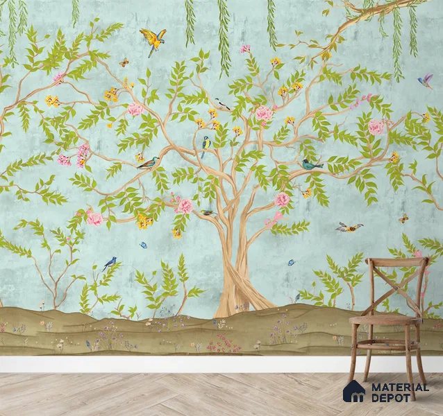 Jannat: Chinoiserie Floral Theme Wallpaper Sukoon Series Handmade Chinoserie Design (Customised Size Wallpaper)