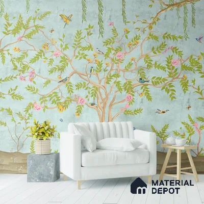 Jannat: Chinoiserie Floral Theme Wallpaper Sukoon Series Handmade Chinoserie Design (Customised Size Wallpaper)