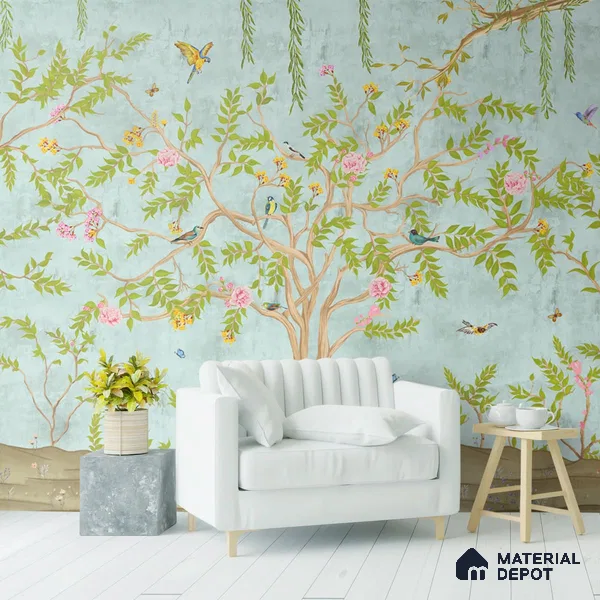 Jannat: Chinoiserie Floral Theme Wallpaper Sukoon Series Handmade Chinoserie Design (Customised Size Wallpaper)