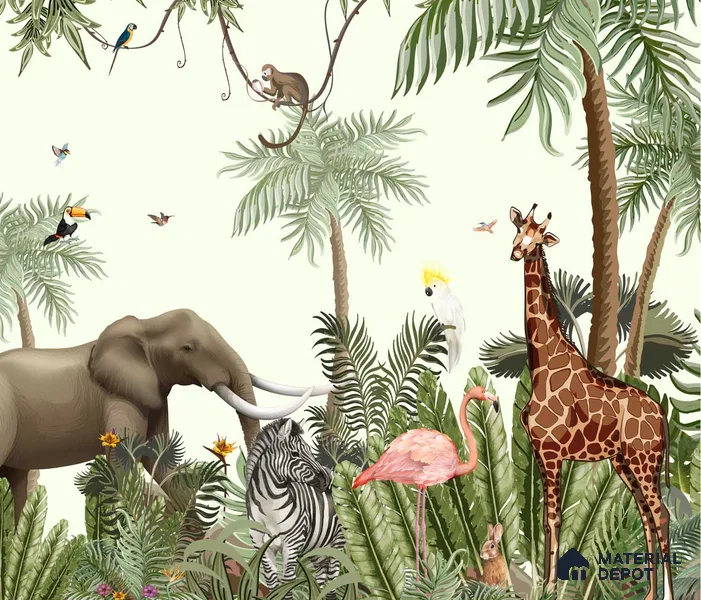 Jungle Theme Animals Wallpaper for Kids Room Walls, Customised Sparkla N Shine Series Canvas Entertainment Design (Customised Size Wallpaper)