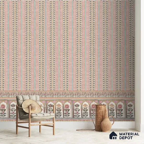 Kala Heritage Elegance: Intricate Indian Temple Art Wallpaper in Pink and Yellow Soft Feel (Customised Wallpaper)