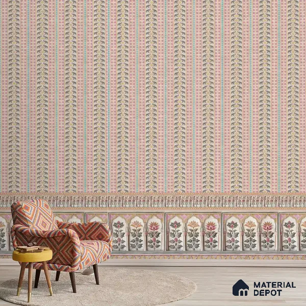 Kala Heritage Elegance: Intricate Indian Temple Art Wallpaper in Pink and Yellow Soft Feel (Customised Wallpaper)