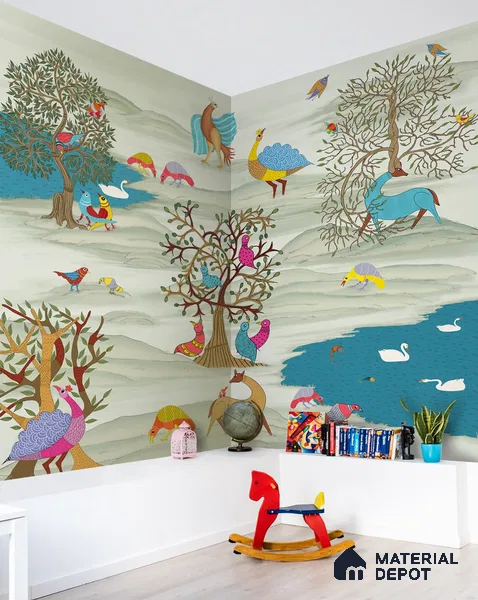 Kalpvriksha, Gond Art Garden Wallpaper Sukoon Series Handmade Patterned Design (Customised Size Wallpaper)