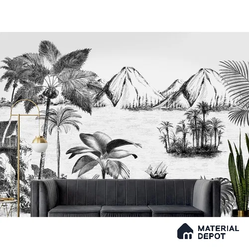 Khoob, Tropical Trees Black and White Wallpaper Sukoon Series Canvas Tropical Design (Customised Size Wallpaper)