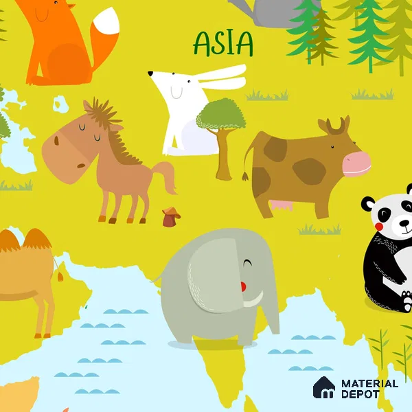 Kids World Map Animals Canvas Wallpaper