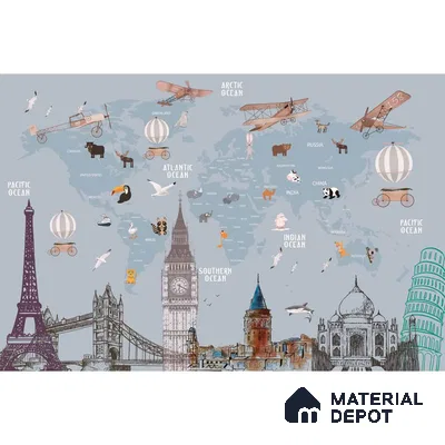 Kids World Map with Monuments, Customised Wallpaper Sparkla N Shine Series Canvas Entertainment Design (Customised Size Wallpaper)