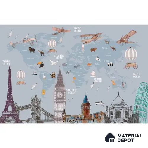 Kids World Map with Monuments, Customised Wallpaper Sparkla N Shine Series Canvas Entertainment Design (Customised Size Wallpaper)