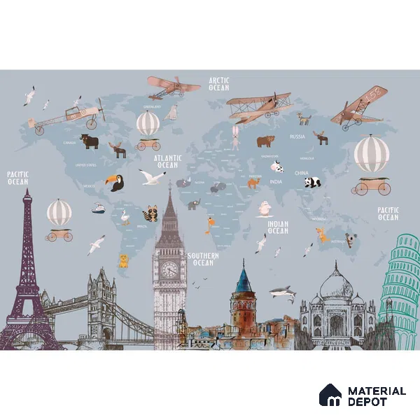 Kids World Map with Monuments, Customised Wallpaper Sparkla N Shine Series Canvas Entertainment Design (Customised Size Wallpaper)