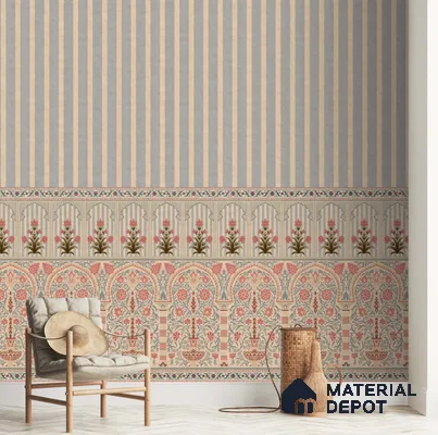 H903112 Kusum: Indian Floral Jharokha and Stripes Design Wallpaper Sukoon Series Canvas Florals Design (Customised Size Wallpaper)