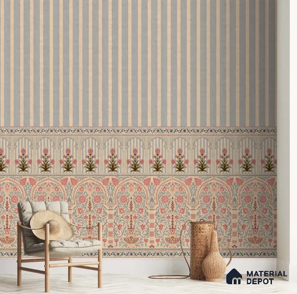 H903112 Kusum: Indian Floral Jharokha and Stripes Design Wallpaper Sukoon Series Canvas Florals Design (Customised Size Wallpaper)