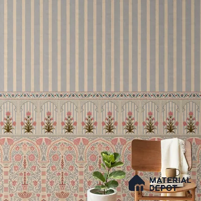H903112 Kusum: Indian Floral Jharokha and Stripes Design Wallpaper Sukoon Series Canvas Florals Design (Customised Size Wallpaper)