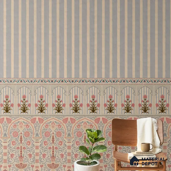 H903112 Kusum: Indian Floral Jharokha and Stripes Design Wallpaper Sukoon Series Canvas Florals Design (Customised Size Wallpaper)
