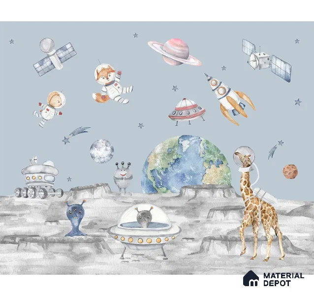 Lets go on a moon walk, Cute kids room wallpaper, Blue Sparkla N Shine Series Handmade Entertainment Design (Customised Size Wallpaper)