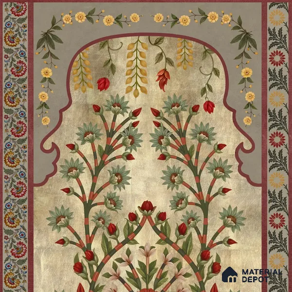 Madhuban Indian Floral Jharoka Canvas Wallpaper in Suneherii Collection Golden (Customized Size Wallpaper)