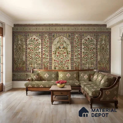 Madhuban Indian Floral Jharoka Canvas Wallpaper in Suneherii Collection Golden (Customized Size Wallpaper)