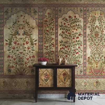 Madhuban Indian Floral Jharoka Canvas Wallpaper in Suneherii Collection Golden (Customized Size Wallpaper)