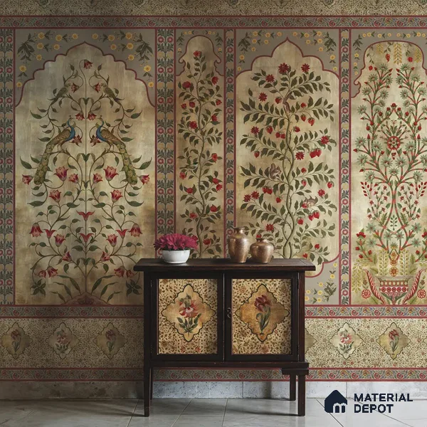 Madhuban Indian Floral Jharoka Canvas Wallpaper in Suneherii Collection Golden (Customized Size Wallpaper)