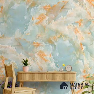 Marble Design Wallpaper for Rooms, Green and Orange Indrani Series Handmade Marble Design (Customised Size Wallpaper )