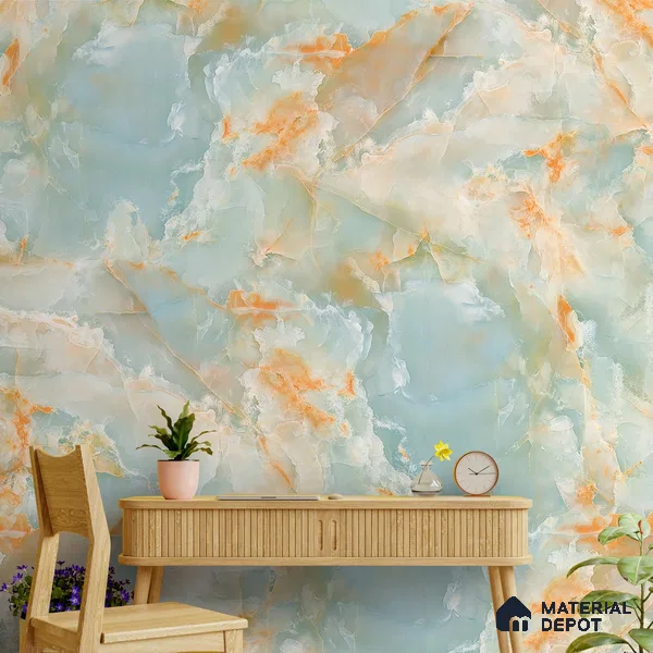 Marble Design Wallpaper for Rooms, Green and Orange Indrani Series Handmade Marble Design (Customised Size Wallpaper )
