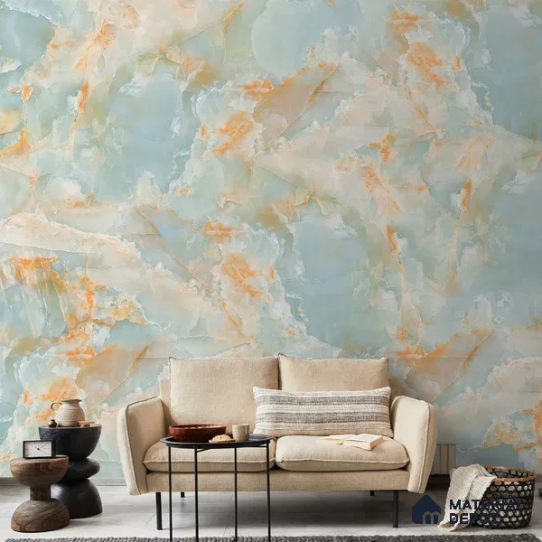Marble Design Wallpaper for Rooms, Green and Orange Indrani Series Handmade Marble Design (Customised Size Wallpaper )