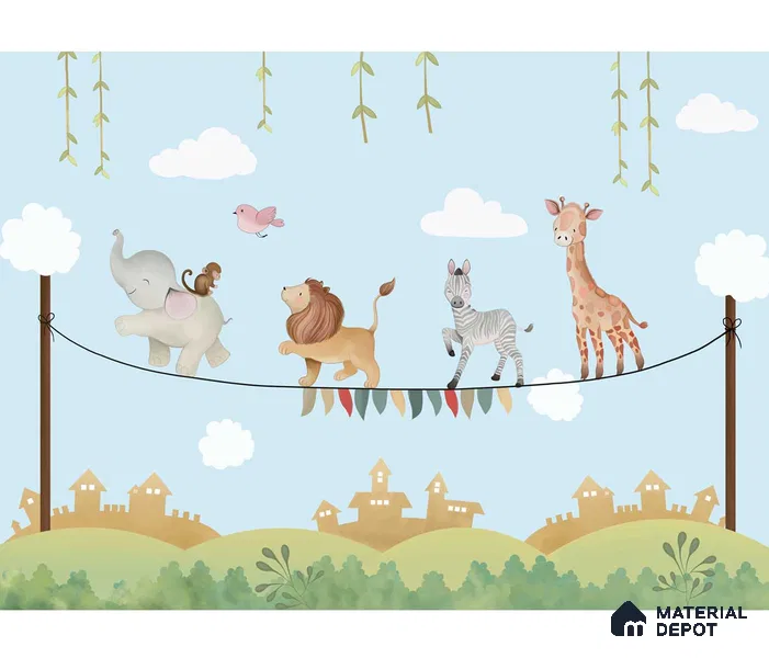 Marching Animals on Rope Theme for Kids Room, Customised Sparkla N Shine Series Handmade Entertainment Design (Customised Size Wallpaper)