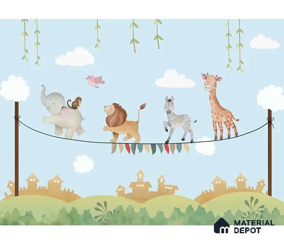 Marching Animals on Rope Theme for Kids Room, Customised Sparkla N Shine Series Soft Feel Entertainment Design (Customised Size Wallpaper)