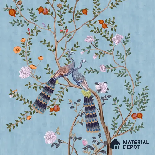 Morni, Peacock and Flowers Chinoiserie Design for Walls, Blue Sukoon Series Handmade Chinoserie Design (Customised Size Wallpaper)