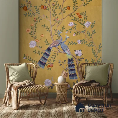 Morni, Peacock and Flowers Chinoiserie Design for Walls, Yellow Sukoon Series Handmade Chinoserie Design (Customised Size Wallpaper)