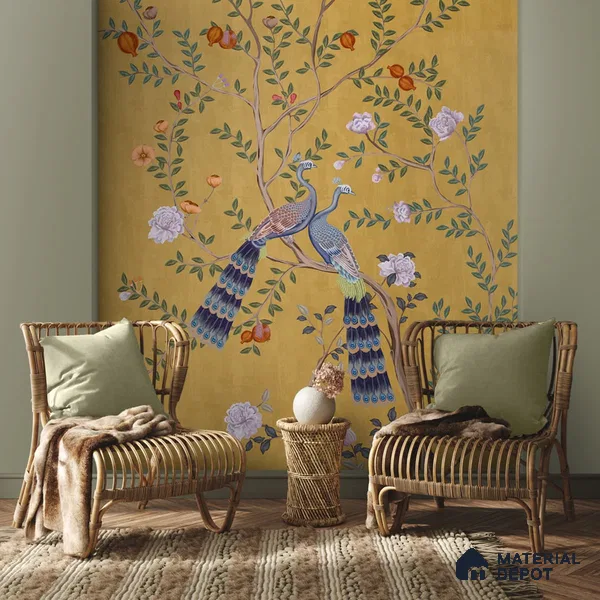 Morni, Peacock and Flowers Chinoiserie Design for Walls, Yellow Sukoon Series Handmade Chinoserie Design (Customised Size Wallpaper)